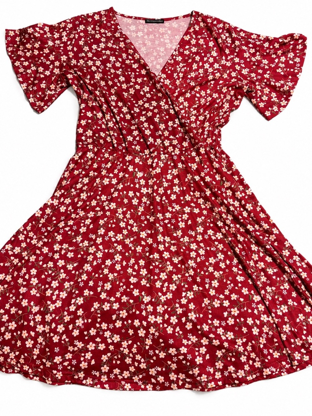 Fensace Floral Faux Wrap Dress Large Red Daisy Print Flutter Sleeve Mini Dress